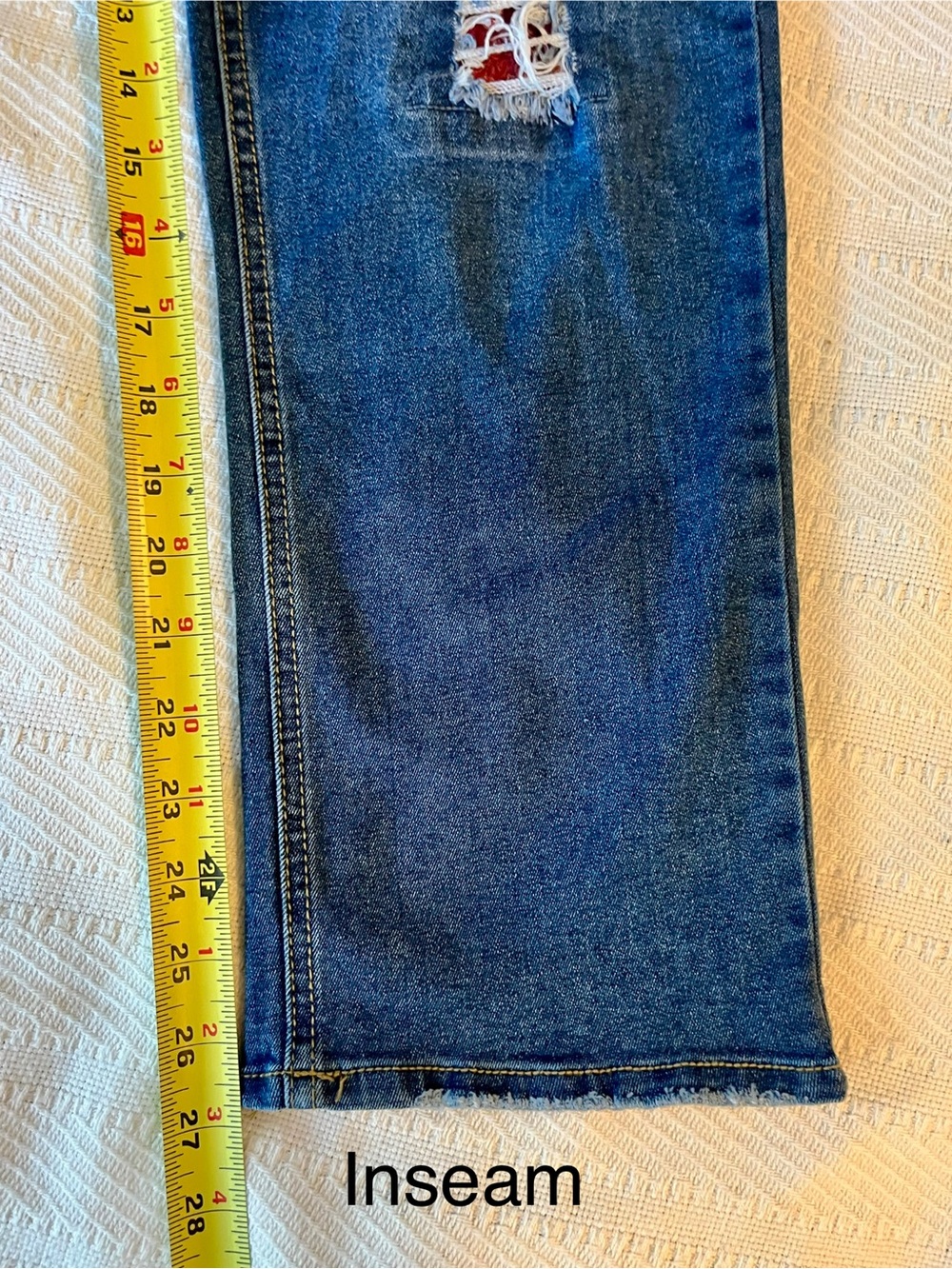 Distressed Dark Blue Jeans with Red Paisley Patches by C Est. 1946, Stretchy - Picture 11 of 15